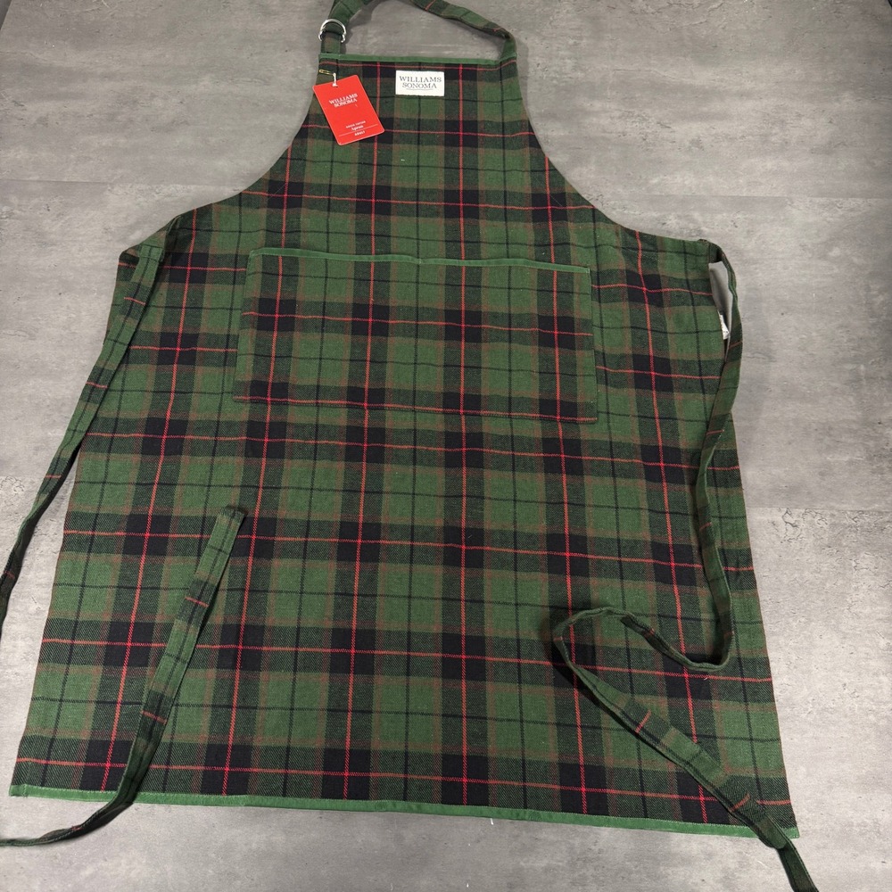 Williams Sonoma Apron Adult Green Tartan Plaid Cotton Linen NEW Cooking Grilling